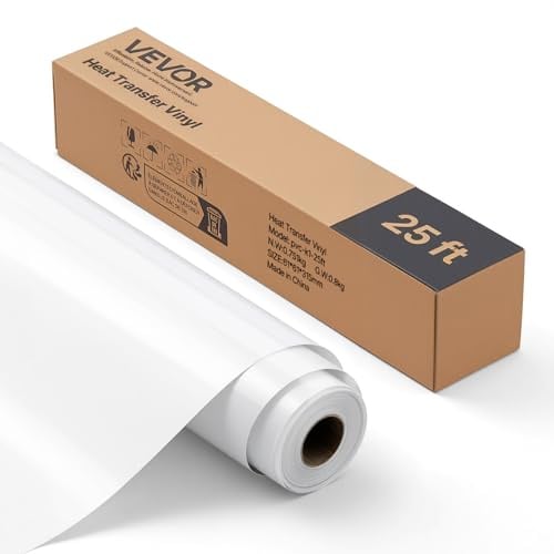 VEVOR Heat Transfer Vinyl, 304.8 x 7260mm, Glossy White HTV Iron on Vinyl Roll, Easy to Cut and Weed, Strong Adhesion, Compatible with Cutting Machines, for Various Materials, T-Shirts, Pillows, Hats