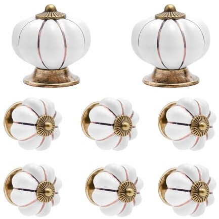 TNSLAND 8 Stück Kürbis Keramik Möbelknöpfe Vintage Schubladenknöpfe Weiß, Möbelknauf Retro Set mit Schrauben, Kürbis Knauf, Keramik Möbelschrankgriffe für Heimdekor DIY, Kommode, Schrank und Schublade