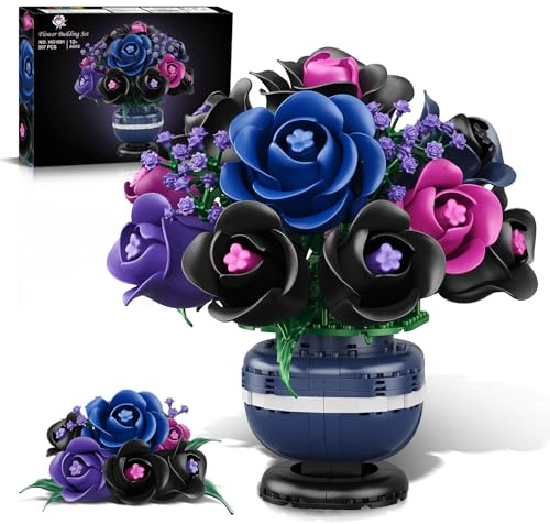 HiWEEGO Flowers Botanicals Building Set - Plante bonsaï Artificielle Rose Noir pour décoration intérieure, Ensemble de Fleurs artificielles 507 pièces, Cadeaux de Noël et d'anniversaire pour Adultes
