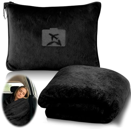 Weiche & Warme Reisedecke für Flugzeug & Auto, Reisedecke Kissen 2 in 1, 152 x 127 cm Weiche Flugzeugdecke, Ultraleichte Kuscheldecke Kompakte Decke für Flugzeug, Auto, Büro, Zuhause (Schwarz)