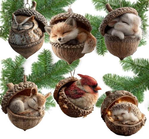 Pack of 6 Christmas Tree Decorations, Forest Animals, Acorn and Pine Cones, Acrylic Ornaments, Cute 2D Animal Pendants for Christmas Tree, Mantle, Living Room and Winter Decoration
