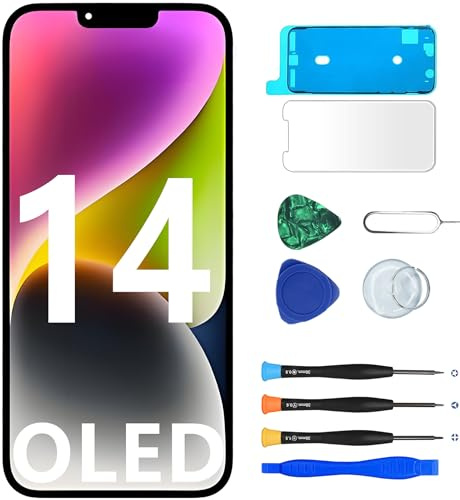 MP+ OLED für iPhone 14 Display Reparaturset, [FHD] [Face ID] Bildschirm Ersatz mit 3D Touch & Vormontiertem Rahmen,inkl. Werkzeug & Kleber, DIY Touchscreen Reparaturkit