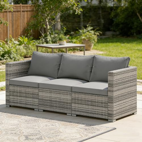 GIANTEX Balkon Sofa mit Kissen, 3-Sitzer Rattan Gartensofa, Terrassenmöbel 193 x 67 x 61,5 cm, Patio Gesprächs-Möbel-Set Wetterfest, Outdoor Couch (Grau)