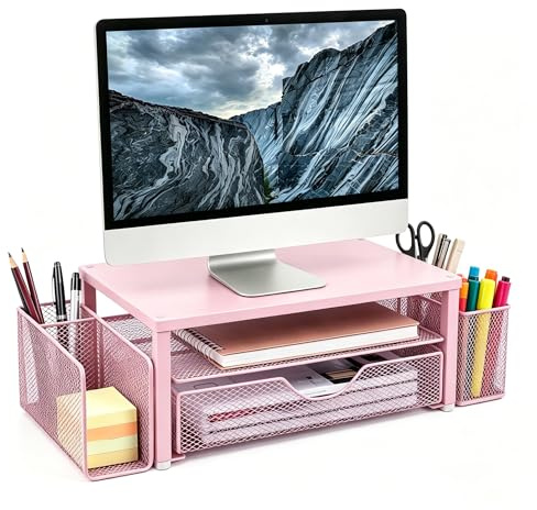 Quhombo Desk Organisers and Accessories,Stand riser with Drawer and 2 Pen Holder,Desktop Organiser Suitable for Offices and Dormitories(pink)