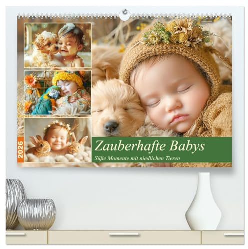 Zauberhafte Babys. Süße Momente mit niedlichen Tieren (hochwertiger Premium Wandkalender 2026 DIN A2 quer), Kunstdruck in Hochglanz: Niedliche Babys mit ihren tierischen Freunden (CALVENDO Menschen)