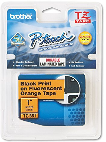 Brother TZe-B51 Labelling Tape Cassette, Black on Fluorescent Orange, 24mm (W) x 5M (L), Laminated, Brother Genuine Supplies