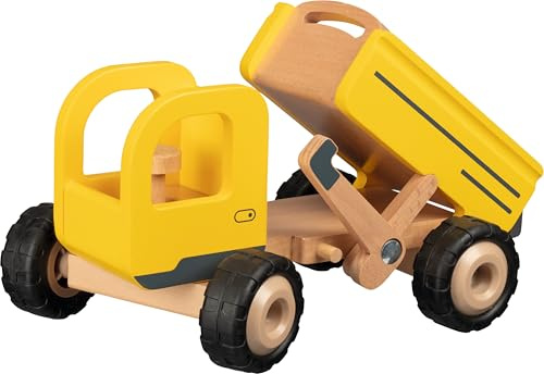 goki 55895 - Kipper aus Holz, lenkbares Baustellenfahrzeug in gelb, leicht bewegbare Kippfunktion und leise Gummireifen, perfekt zu Hause und im Kinderzimmer, Maße 25 x 17 x 14 cm, ab 3 Jahre