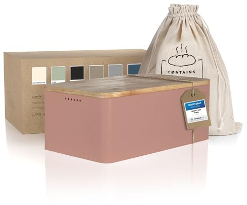 LARS NYSØM Bread Box I Metal bread box with linen bag for long lasting freshness I Baked goods Bin with bamboo lid usable as cutting board I 13.4x7.3x5.3In (Blush Rose)