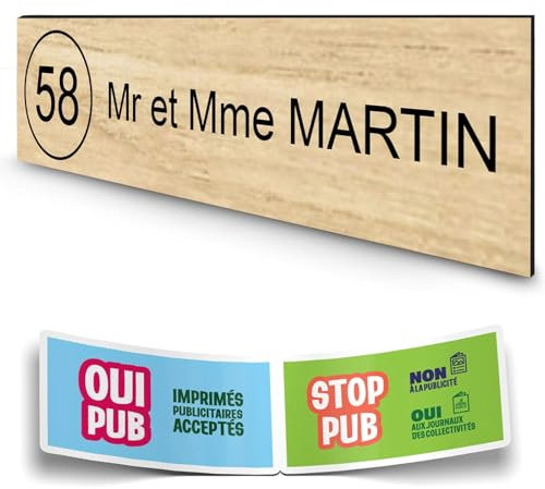 DECOHO - Plaque boite aux lettres personnalisée adhésive - plastique bi-couche effet bois clair lettres noires - 100x25 mm + stickers STOP PUB offerts - Marron