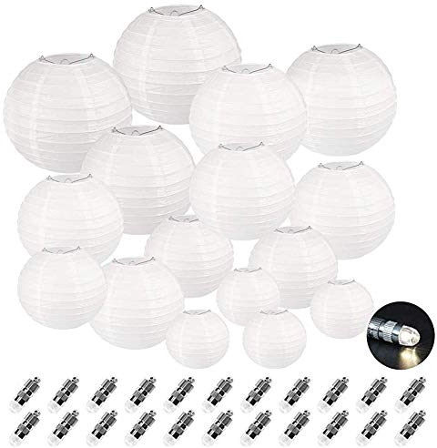 Dazone 24 Stücke weiße Papierlaterne Laterne Deko Feier Lampions Papierlampen mit 24er Mini LED Lichter Hochtzeit Dekoration Papier Laterne