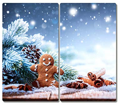 Tulup Planche À Découper Sur Verre Protection Plaque Cuisson Décoration Protection pour le Comptoir Cadeau Noël 2x30x52 cm - Gingerbread Noël vacances neige