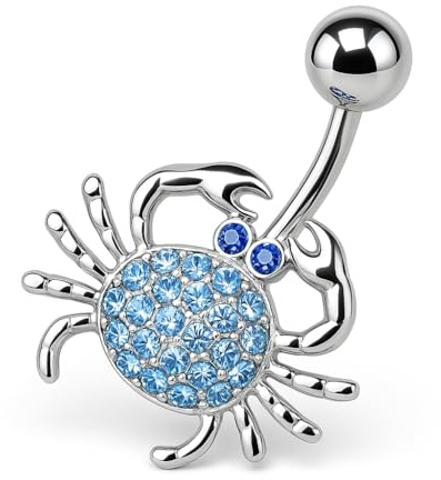 PIERCINGO® KREBS KRABBE TIER MEER BLAU GARNELE Bauchnabel-piercing ECHT-SILBER 925 ZIRKONIA-KRISTALL Chirurgen-stahl 316L Edelstahl-Banane Bananabell Bauch Stecker Barbell Nabel-piercing 1.6 x 10mm