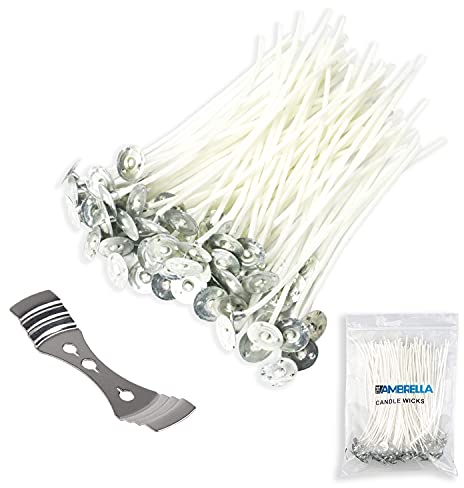 TheAmbrella Candle Wicks for Making Candles 100Pcs- 10cm Long Pre-Waxed Wicks with Metal Tabs & 3-Hole Wick Holder - Low Smoke & Longer Burning Time - Perfect for DIY Candles