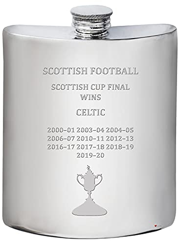 I LUV LTD 6oz Hip Flask for Glasgow CELTIC FC Scottish Cup Total Wins History Football Memorabilia Mens Birthday Gifts Pewter Whisky Accessories