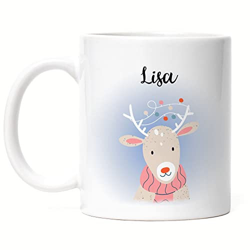 Kiddle-Design Weihnachts-Tasse Kinder personalisiert mit Name | Kindertasse mit Rentier Motiv Geschenk Mädchen Jungen Nikolaus Weihnachten Tasse