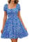 Livonmone Womens Summer Casual Sweetheart Neckline Puff Sleeve Floral Print High Waist Dress Boho Beach Mini Short Dresses (Blue, XXL)