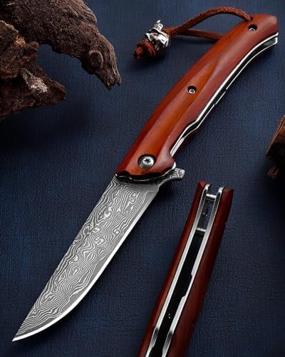 Omesio couteau pliant de poche Damas, incl. boîte cadeau noire, japonais Haute qualité & fait main, manche bois