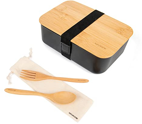 Naturoom Bento Lunchbox für Erwachsene/Kinder, inklusive 1 Lebensmittelbehälter mit 1 Trennwänden, 1 Holzbesteck (1 Gabel und 1 Löffel) mit 1 Baumwollbeutel und 1 Bambus-Schneidebrettdeckel.