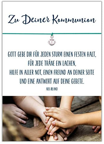 Glücksschmiedin - Erstkommunion Geschenk, christliche Grußkarte mit handgemachtem Armband in TÜRKIS mit silberfarbenem ANKER-Anhänger