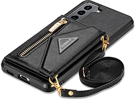 GUVAGI Handyhülle für Samsung Galaxy S21 FE Hülle 5G mit Band Klappbar, Leder Klapphülle Reißverschluss Stoßfest Schutzhülle Magnet Aesthetic Mädchen Handy Hülle mit Kette Umhängen (Schwarz)