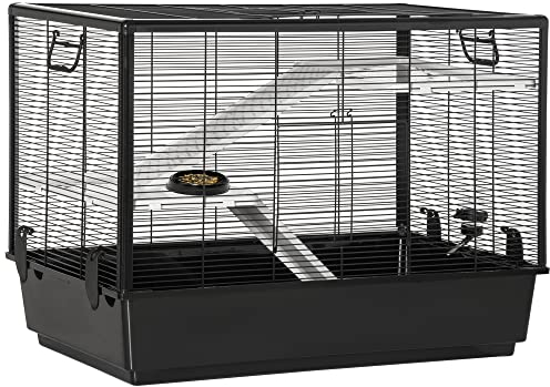 PawHut Meerschweinchen- und Hamsterkäfig mit Handgriff, Wassertank, Rampe und Futterschale, 80x48x58cm, Schwarz