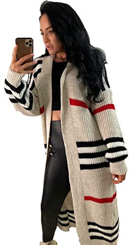 Balloon Long Sleeve Checked Chunky Cable Knitted Open Plus Size Cardigan for Women Longline Casual Ladies Winter Jumpers Coatigan UK Beige