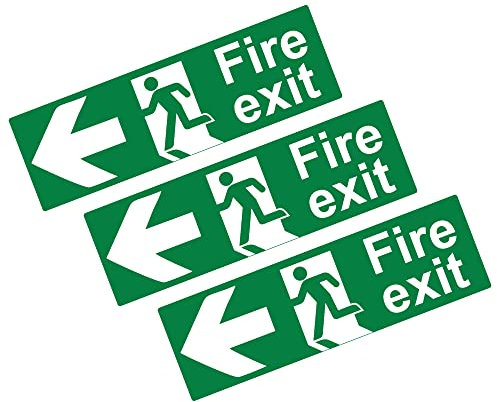 stcky Fire Exit Sign - 30cm x 10cm Ideal Sized Fire Exit Left Arrow Self Adhesive Vinyl Signs [Pack of 3]