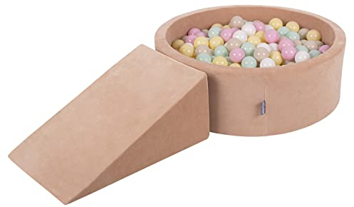 KiddyMoon Velvet Aire De Jeux en Mousse avec Rond Piscine À Balles pour Enfants (200 Balles), Rose des Sables: Beige Pastel/Jaune Pastel/Blanc/Menthe/Rose Poudre