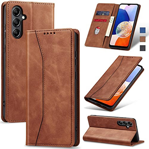 Jasonyu Coque pour Samsung Galaxy A14, Housse Etui en Cuir PU Portefeuille [Antichoc] [Magnétique] [Porte Cartes] [Stand Fonction] Flip Coque (Brun)