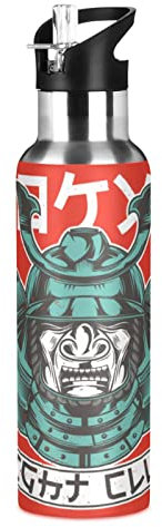 Vnurnrn Soldat Samurai Japaner Wasserflasche Edelstahl Trinkflasche Auslaufsichere Flasche mit Stroh für Jungen Mädchen