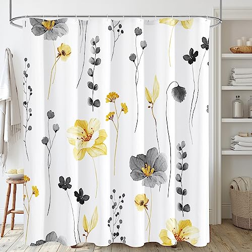 Gibelle Duschvorhang mit Blumenmuster, Aquarell-Blumen-Duschvorhang für Badezimmer, modern, minimalistisch, weiß, wasserdicht, Stoff, 183 x 183 cm, Gelb und Grau