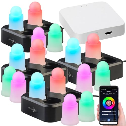 Lunartec LED Stimmungslicht: 16er-Set wetterfeste LED-RGBWW-Kerzen mit Akku, Ladeschale, Gateway (WLAN-LED-Kerzen, Farbwechsel-LED-Kerzen, Tablet Halter)
