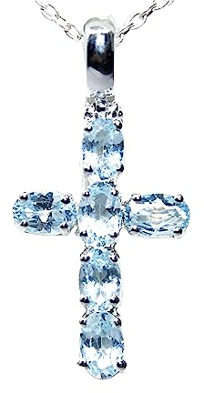 Jete Blauer Topas, Stechpalmen-Kreuz-Anhänger mit 925er Sterlingsilber, massives Silber, 6 x 4 mm, natürlicher Edelstein, Charm-Medaillas, für Damen und Mädchen, Edelstein, Topas