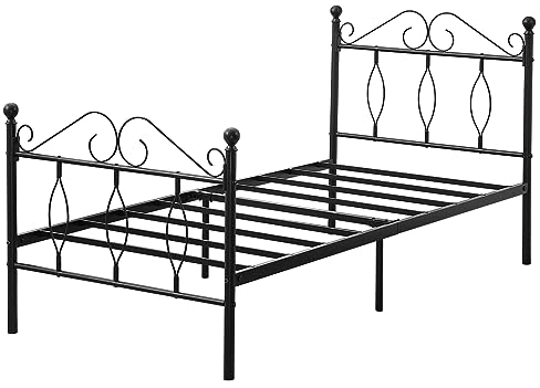 HOMYLIN Single bed metal frame simple modern iron bed,metal bed for teenagers/adults, suitable for bedroom, student dormitory and other multiple scenes, with a unique design of the headboard, Black