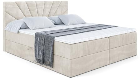 ALTDECOR Boxspringbett mit Matratze und Lattenrost, Boxbett, Topper, Polsterbett mit Bettkasten, Bett mit Stauraum H4-Matratze, Doppelbett, Springboxbett - MILTIO - 180x200 Beige Samt