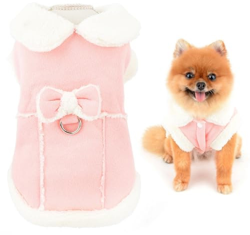 SMALLLEE_LUCKY_STORE Hundemantel für kleine Hunde, mit Fleecefutter, Rosa | Wildlederimitat, Fleecefutter, D-Ring-Leine, Winterspaziergänge, Chihuahua, Yorkie, kleine Hunde, Katzen