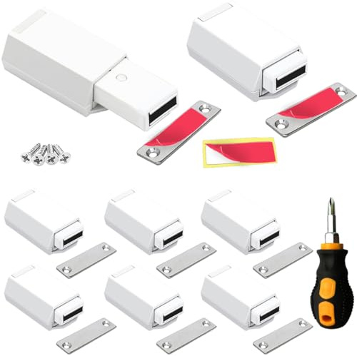 Magnetic Push to Open Cabinet Hardware CBRIVE 8 Pack Heavy Duty Push Latch & Lock for Hidden Door Touch Latches and Catch Magnet Push Release Drawer Pull Tip on RV Closet Close Strong Pop Out, White