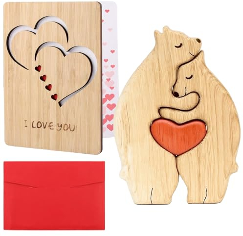 2 Stück Holz Valentinstags Grußkarte Set mit Bär Puzzle, Handgemachte Geburtstagskarte für Ehemann Ehefrau Freundin, Jahrestag Geschenk für Sie, Ihn