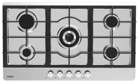 Svan Encimera de Gas Inox SGW5900X. Potencia máx. 1000 kW, 5 Quemadores, Quemador WOK triple llama, con Ignición Automática, Parrillas Forjadas,