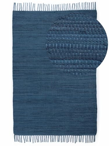 carpetfine Flickenteppich Kelim Chindi Uni Blau 190x290 cm, handgewebt | Fleckerlteppich aus Baumwolle für Wohnzimmermit Fransen