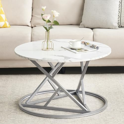 ZZINOKE Table Basse Ronde, Table Basse Aspect Fauxen Marbre avec Cadre en Métal Doré, Table de Salon, Table d'Appoint pour Meubles De Salon,Imitation Marbre Gris, 80 * 80 cm