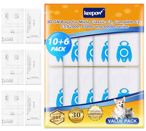 10 Pack Vacuum Cleaner Bags for Miele Classic C1, Complete C3 C2 C1 S227 S240 S270 S280 S400, S2 S5 S8 Series, GN 3D Efficiency Hoover Bags, with 3 Filter Sets