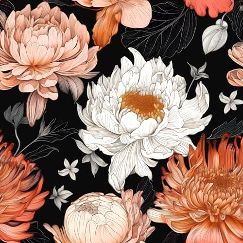 Fvlow Black Floral Peel and Stick Wallpaper Vintage Wallpaper Vinyl Wrap Kitchen Worktop Covering Self Adhesive Thick Orange White Flowers Contact Paper for Cabinets Drawers Sticker Décor 44.5cmx300cm