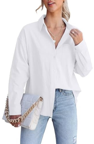 LACOZY Womens Blouse Casual Long Sleeve Shirt Tops V Neck Button Down Shirts Basic Loose Tunic T Shirts White XL