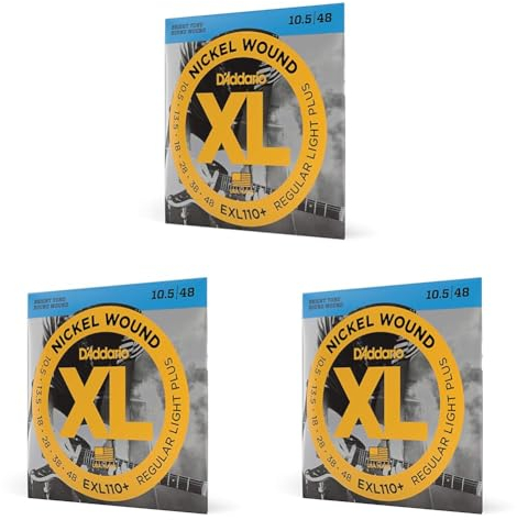 D'Addario E Gitarren Saiten | Gitarrensaiten E Gitarre | Saiten E-Gitarre | DER BELIEBTESTEN SAITENMARKE WELTWEIT | EXL110+ | vernickelter Stahl | Regular Light Plus (10.5-48) (Packung mit 3)