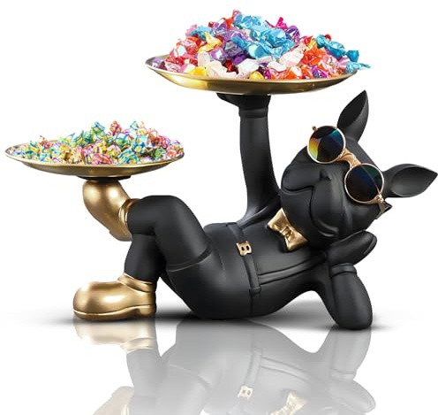 French Bulldog Statue,Resin Bulldog Decor with Tray, Candy Dish Key Holder Bowl Storage Ornament Sculpture for Home Decor,Accessories for Office Desk Figurines Entryway Table Decor (Lying,Black)