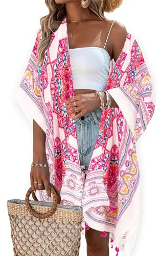 breezy lane Costume da bagno da donna, kimono, cardigan, costume da bagno, abbigliamento da spiaggia, bohémien, stampa floreale, abbigliamento resort, Rosa Boemia, Taglia unica