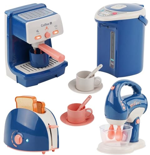 Electrodomesticos Cocina Juguetes, Comida de Juguete para Cocinita, Accesorios Cocina Infantil, Cafetera Batidora Hervidor Tostadora con Luces y Sonidos Realistas, Juego de Roles para Niños Niñas