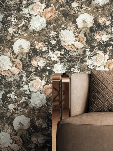 NEWROOM Tapete Braun Vliestapete Blumen - Blumentapete Floral Weiß Schwarz Rosen Pfingstrosen Rosentapete Romantisch Vintage Klassisch inkl. Tapezier-Ratgeber