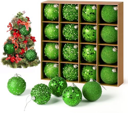ilauke - 16 bolas verdes brillantes para árbol de Navidad y bolas de Navidad, 6 cm en espuma ultraligera y bola de Navidad inastillable para decoración de vacaciones y fiestas